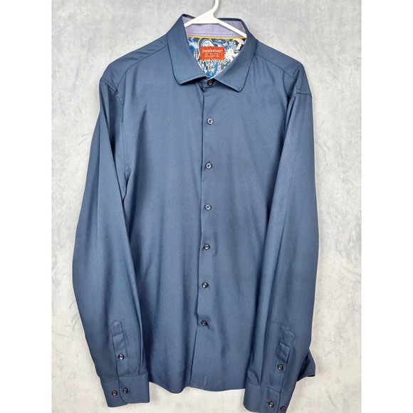 Consequence Other - Consequence Mens Navy Blue Paisley Trim Long Sleeve Button Down Shirt Large